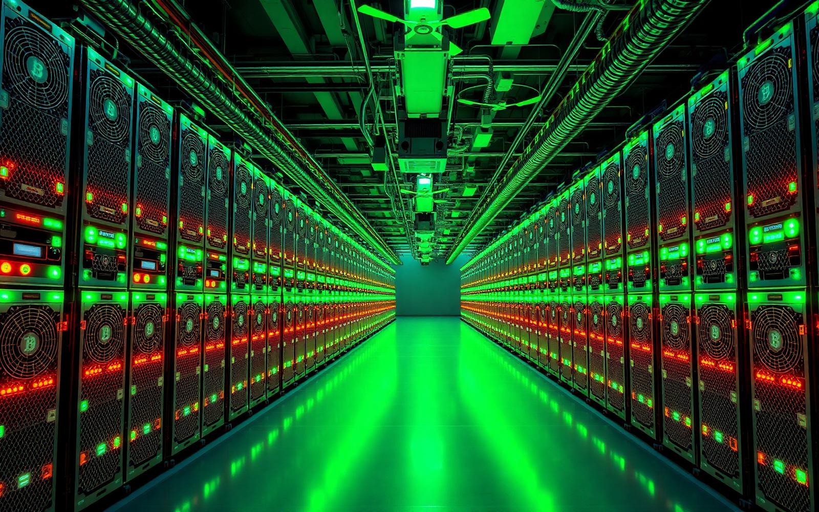 Aisle of ASIC mining machines powering up inside a data hall